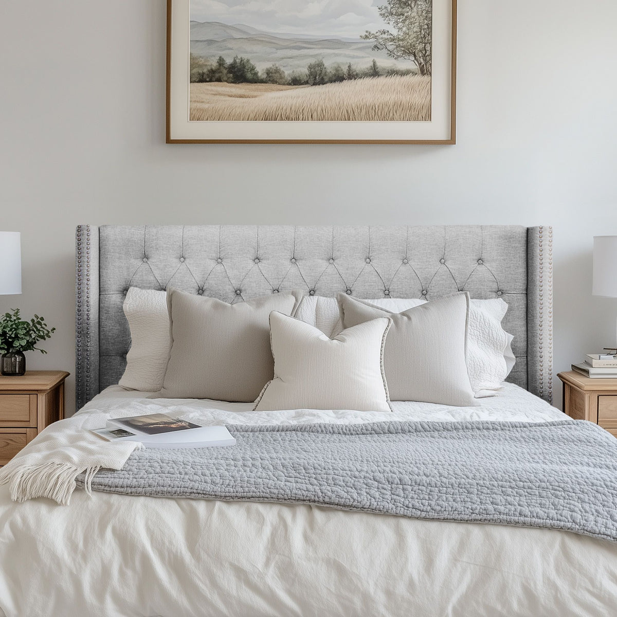 Amelia Upholstered Wingback Headboard with Button Tufting & Nailhead Trim - Grey