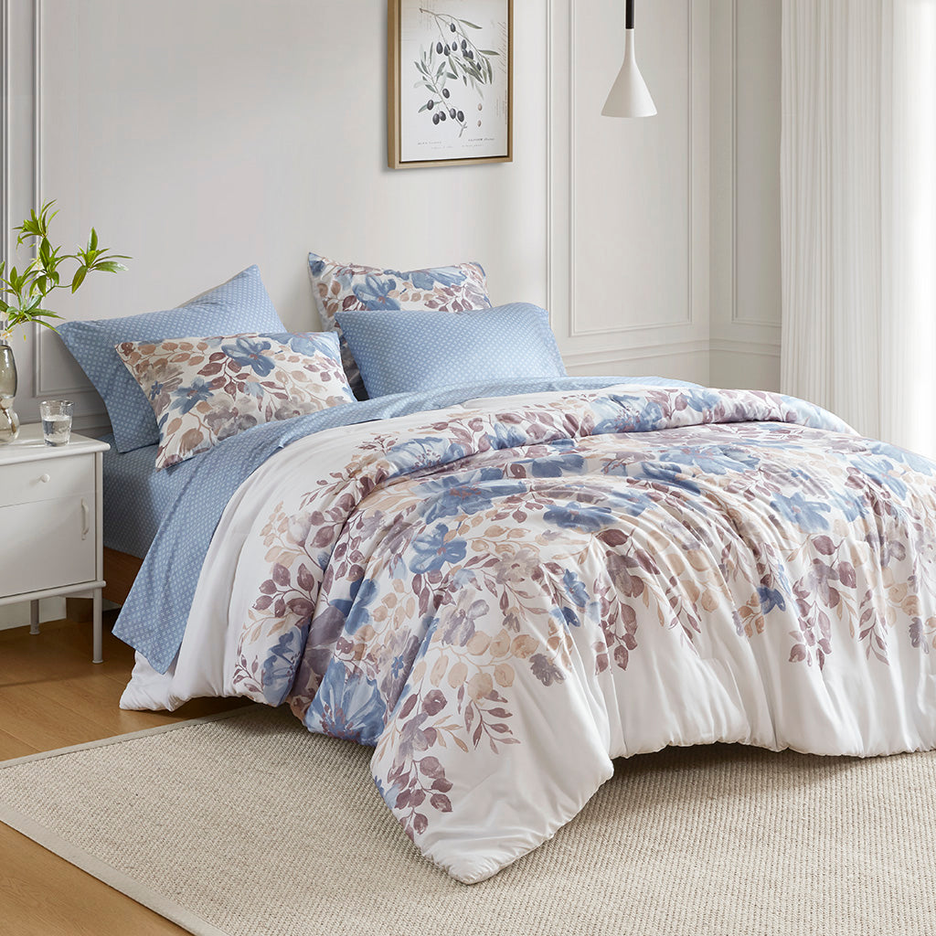 Luna Floral Comforter Set with Bed Sheets - Blue