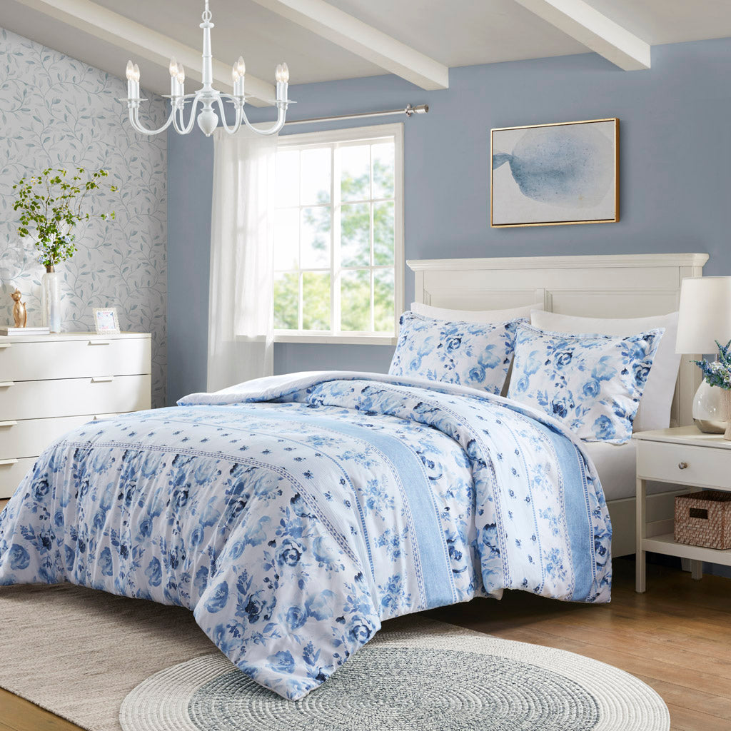 Christa Floral Striped Duvet Cover Set - Blue