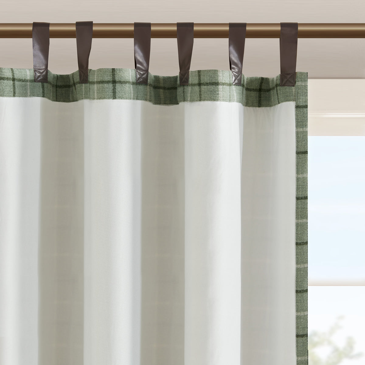 Anaheim Plaid Faux Leather Tab Top Curtain Panel with Fleece Lining - Green