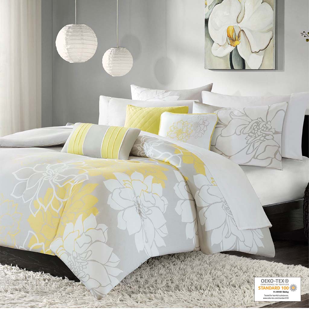 Lola 6 Piece Printed Duvet Cover Set - Taupe Grey/Yellow