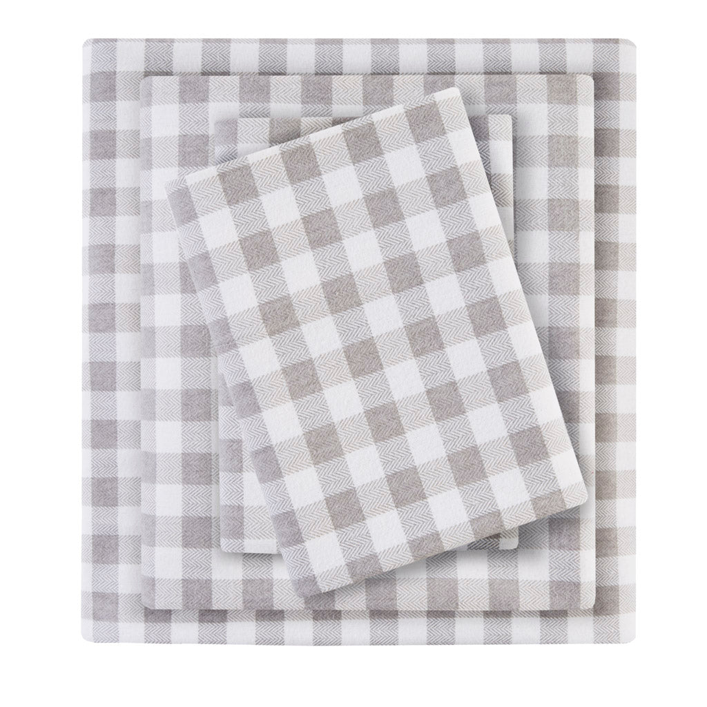 Cozy Cotton Flannel Printed Sheet Set - Gray Herringbone Check