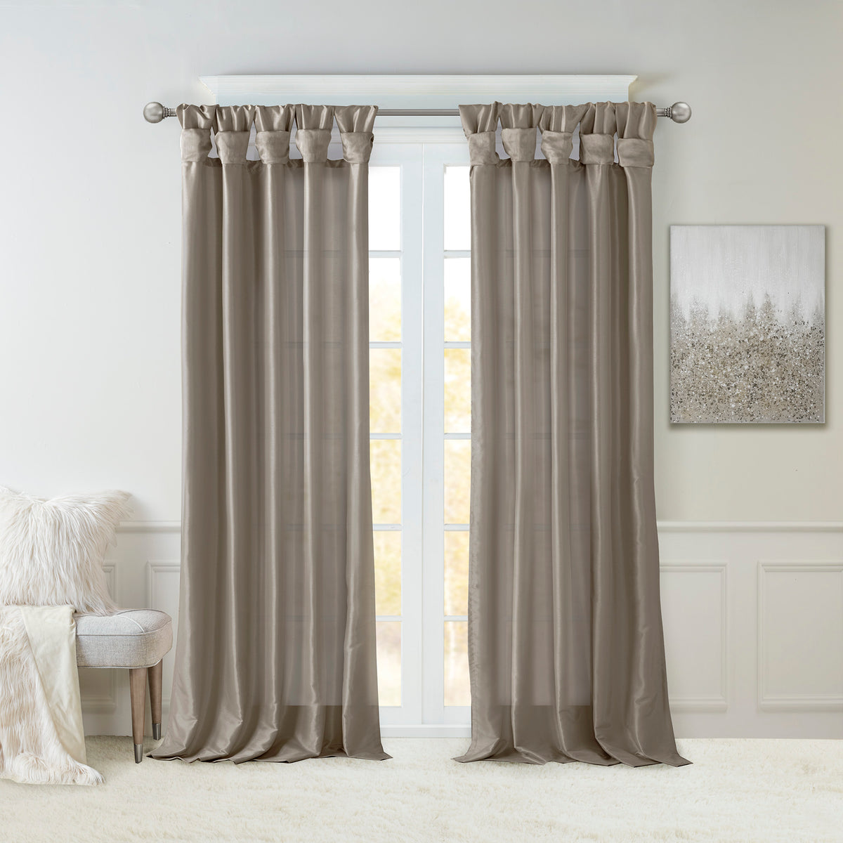 Emilia 100% Polyester Solid Faux Silk Lined Twist Tab Window Curtain - Pewter