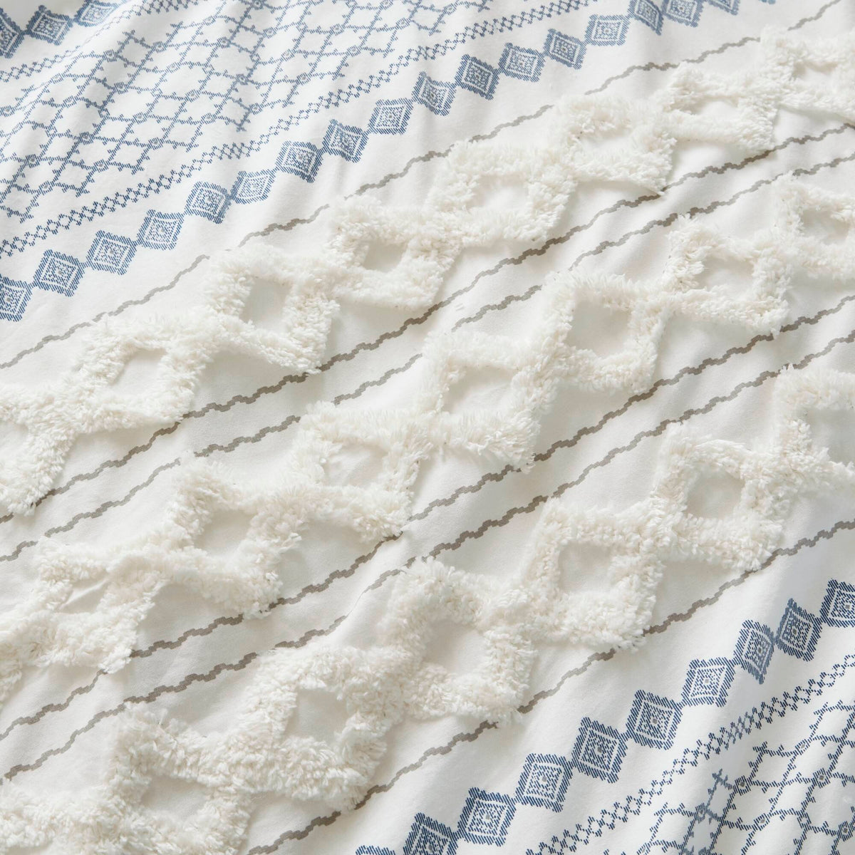 Imani Cotton Printed Duvet Cover Set with Chenille - White/Navy