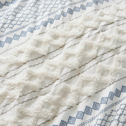 Imani Cotton Printed Duvet Cover Set with Chenille - White/Navy