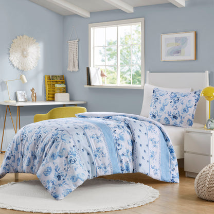 Christa Floral Striped Duvet Cover Set - Blue