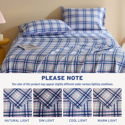 Cozy Soft Cotton Flannel Printed Sheet Set - Navy Orchid Plaid