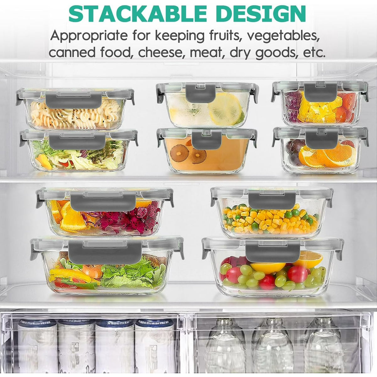 34-Piece Glass Food Storage Containers with Airtight Lids Set (Grey)
