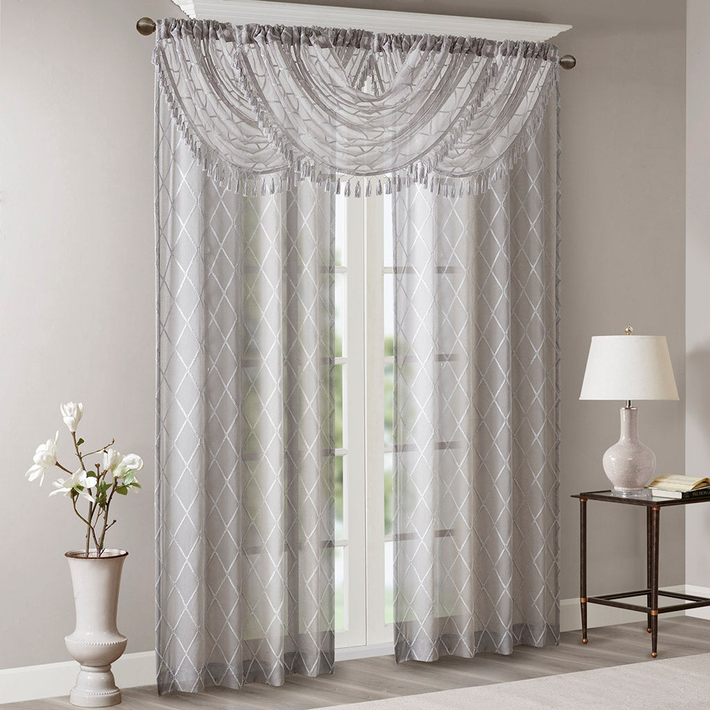 Irina Diamond Sheer Embroidered Waterfall Valance - Grey