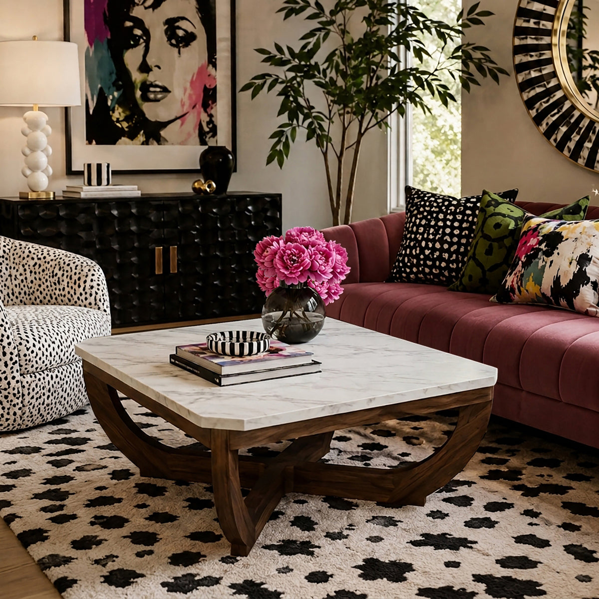 Calvedra Curve Marble-Look Coffee Table with Curved Walnut Wood Legs - White Marble/Walnut