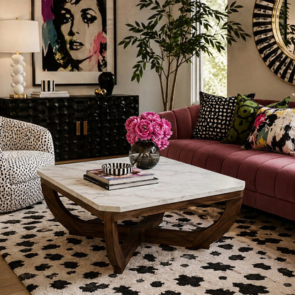 Calvedra Curve Marble-Look Coffee Table with Curved Walnut Wood Legs - White Marble/Walnut