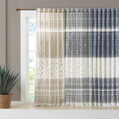Mila Cotton Printed Curtain Panel with Chenille detail and Lining - Navy