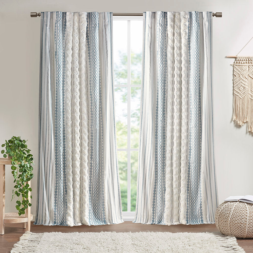 Imani Cotton Printed Curtain Panel with Chenille Stripe and Lining - White/Navy