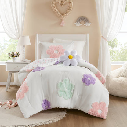 Gracie Floral Reversible Tufted Chenille Comforter Set with Flower Throw Pillow - White/Purple