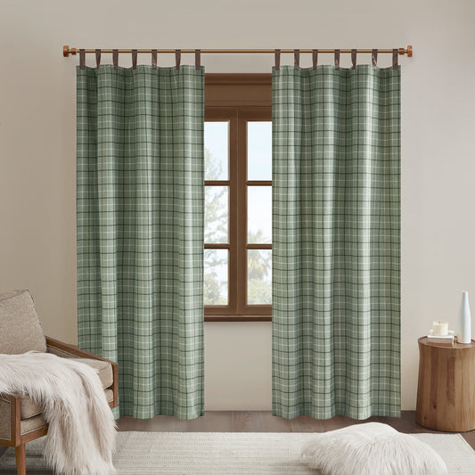 Anaheim Plaid Faux Leather Tab Top Curtain Panel with Fleece Lining - Green
