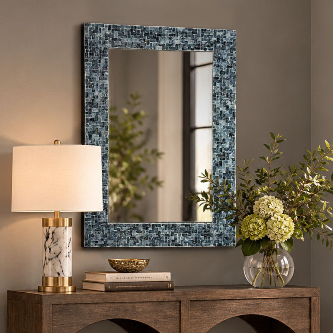 24X35 Rectangle Capiz Shell Mosaic Wall Mirror /   Celestine - Blue/Natural