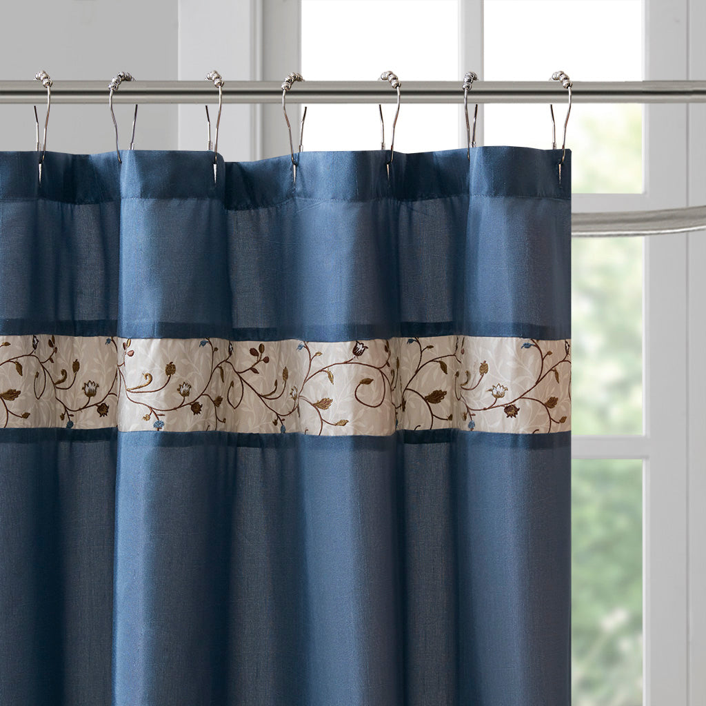 Serene Faux Silk Embroidered Floral Shower Curtain - Navy