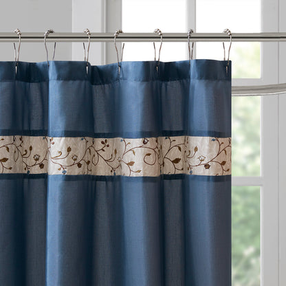 Serene Faux Silk Embroidered Floral Shower Curtain - Navy
