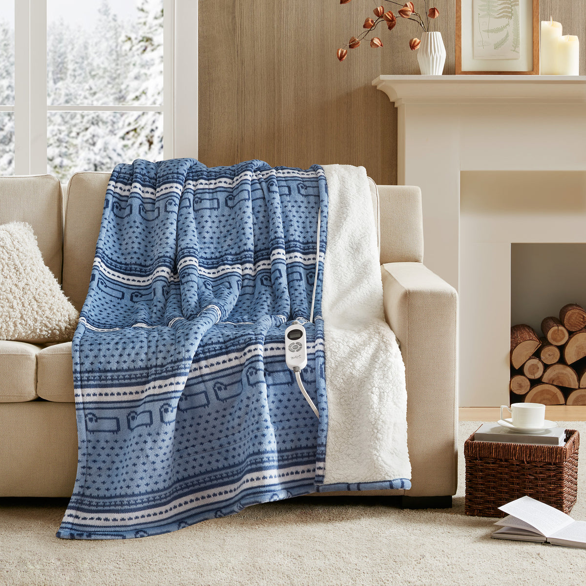 Print Plush to Sherpa Heated Throw - Blue Cozy Sheep