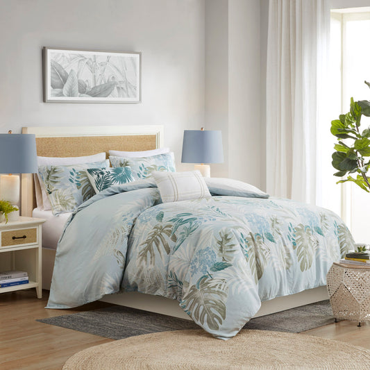 Kiawah Island 5 Piece Cotton Duvet Cover Set with Throw Pillow - Blue