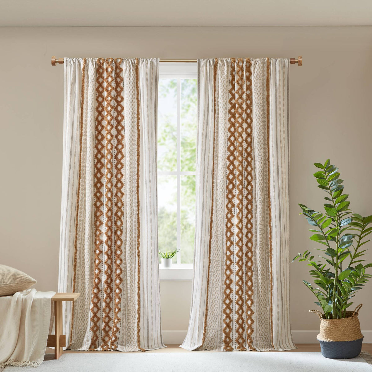 Imani Cotton Printed Curtain Panel with Chenille Stripe and Lining - Terracotta
