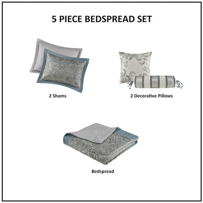 Aubrey 5 Piece Jacquard Bedspread Set with Throw Pillows - Teal
