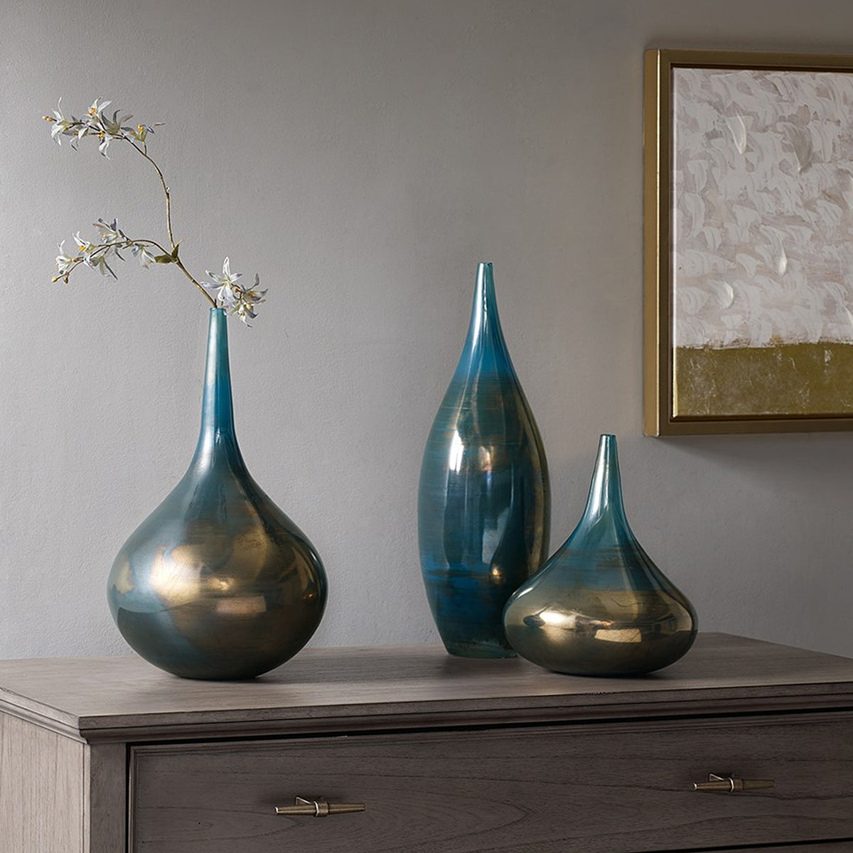 Aurora Blue and Bronze Decorative Glass Vases 3-piece set - Blue Metal