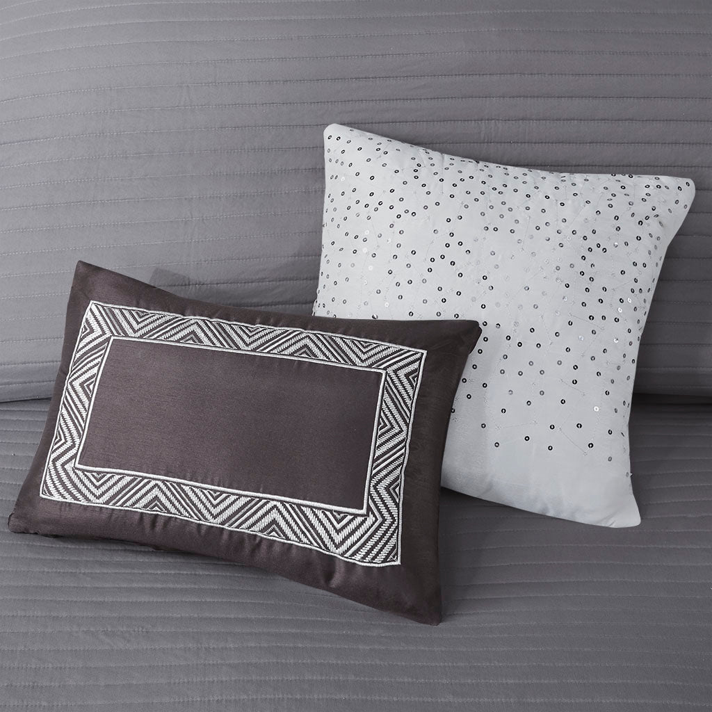 Rhapsody 6 Piece Reversible Jacquard Quilt Set with Throw Pillows - Grey/Taupe