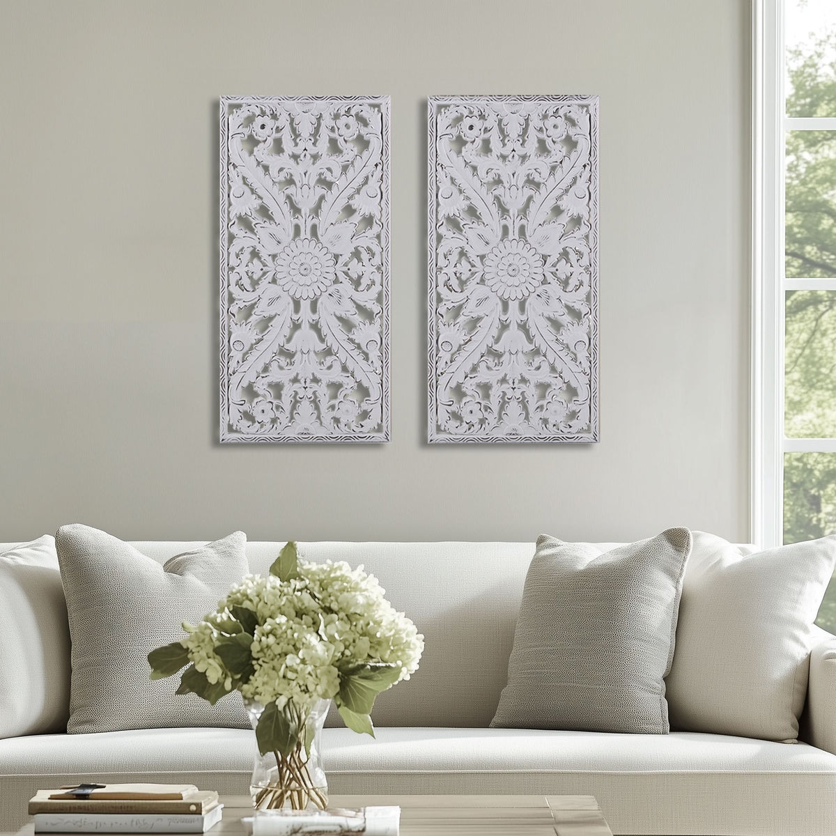Botanical Panel Distressed Carved Wood 2-piece Wall Decor Set - White