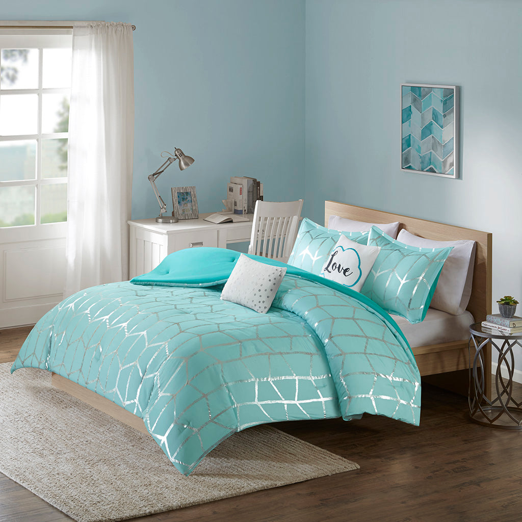 Raina Metallic Printed Comforter Set - Aqua/Silver