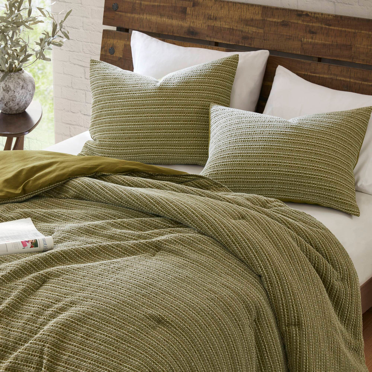 Lyon Waffle Washed Comforter Set - Green