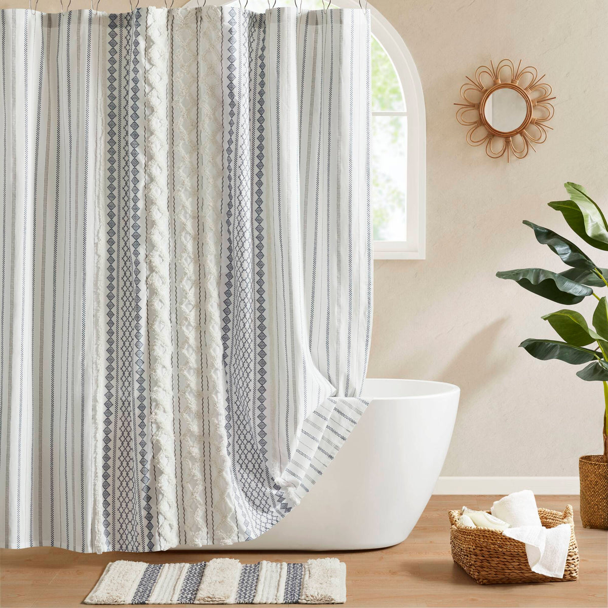Imani Cotton Printed Shower Curtain with Chenille - White/Navy