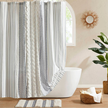 Imani Cotton Printed Shower Curtain with Chenille - White/Navy