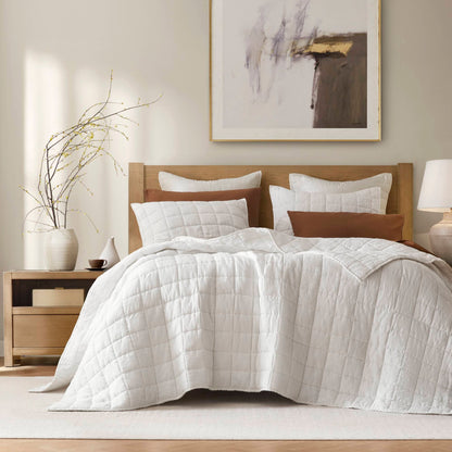 French Flax Linen Garment Washed Quilt Set - White