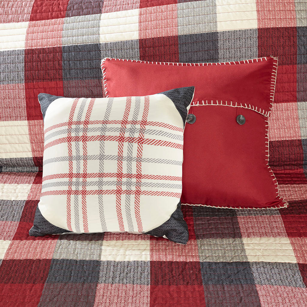 Ridge 6 Piece Printed Herringbone Quilt Set with Throw Pillows - Red