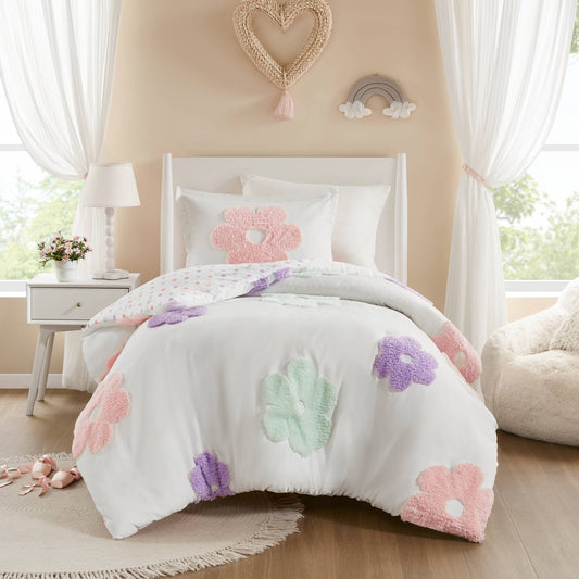 Gracie Floral Reversible Tufted Chenille Duvet Cover Set - White/Purple