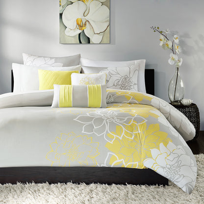 Lola 6 Piece Printed Duvet Cover Set - Taupe Grey/Yellow
