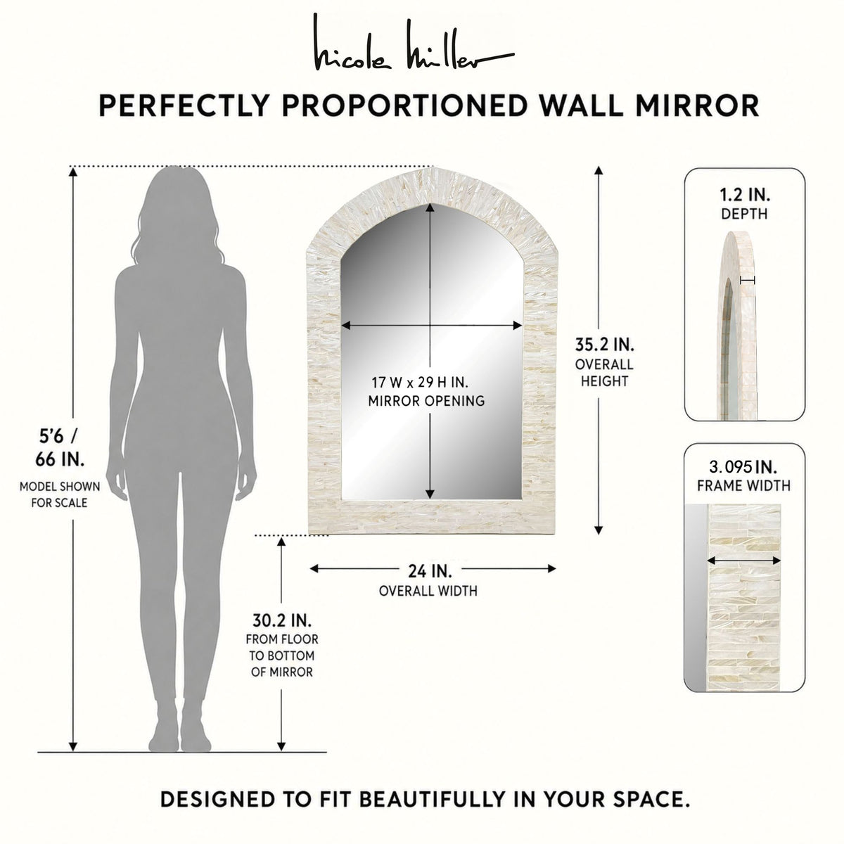Serein 24X36 Handcrafted Mother of Pearl Arch Wall Mirror - Ivory