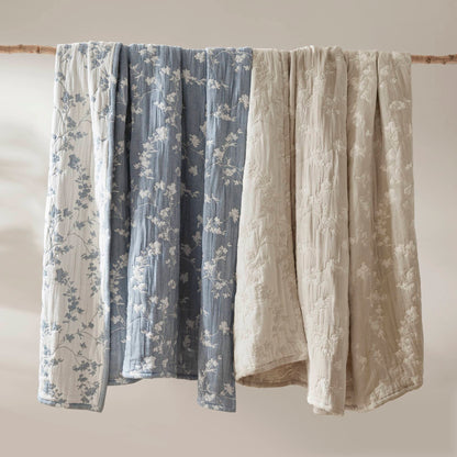 Catalina Botanical 3 Piece Jacquard Cotton Gauze Quilt Set - Navy