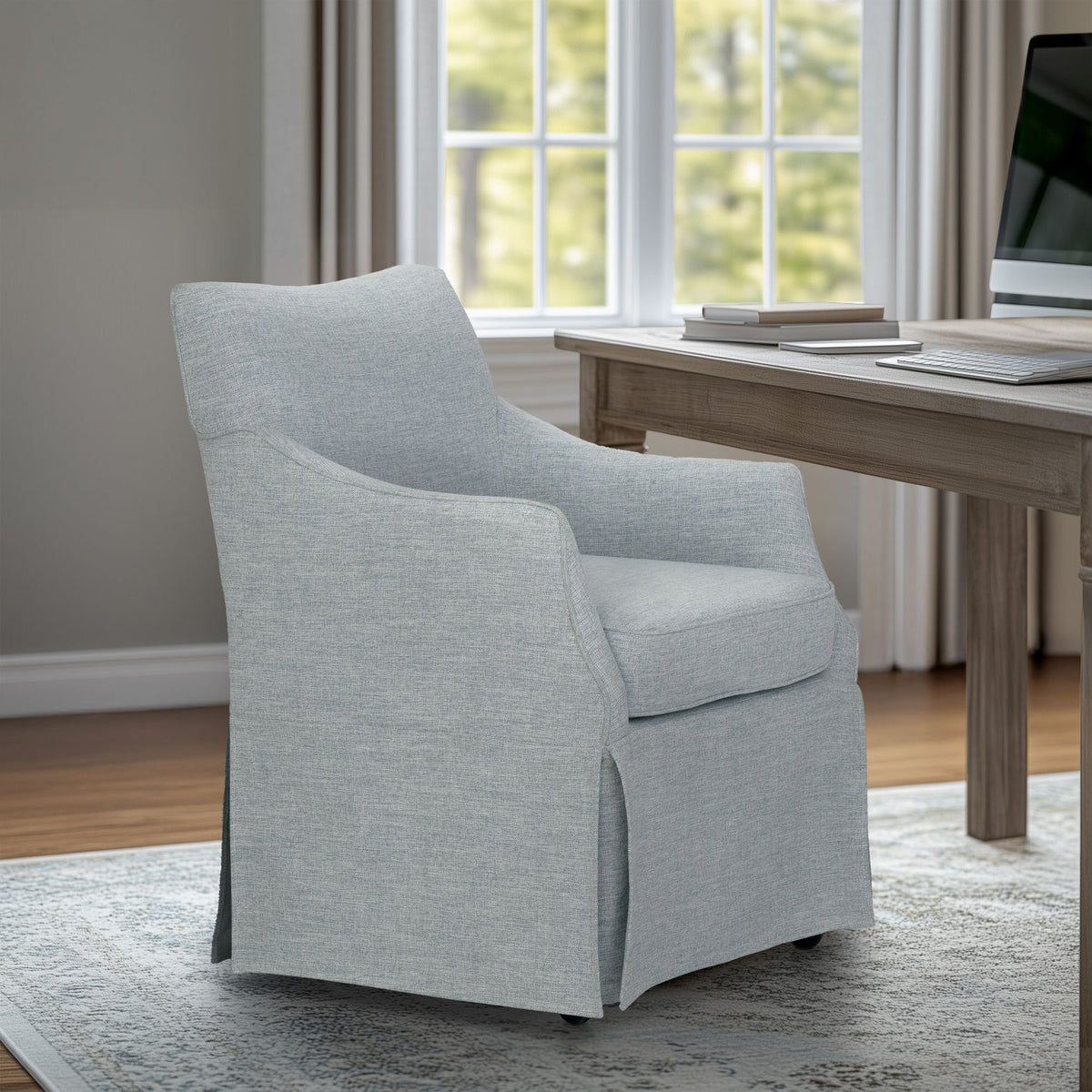 London Upholstered Skirted Dining Arm Chair with Hidden Casters - Light Blue