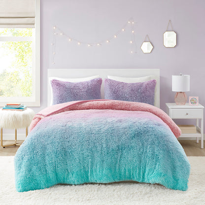 Primrose Ombre Shaggy Faux Fur Comforter Set - Purple Multi