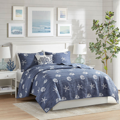 Seaside 4 Piece Cotton Reversible Embroidered Quilt Set with Throw Pillow - Navy