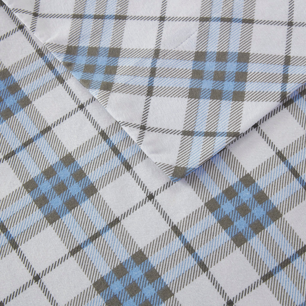 Cozy Cotton Flannel Printed Sheet Set - Blue Plaid