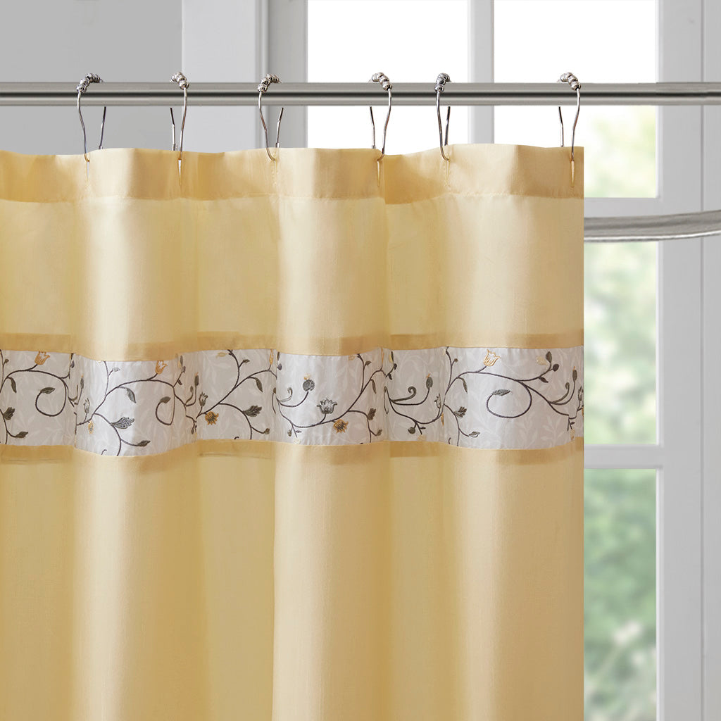 Serene Faux Silk Embroidered Floral Shower Curtain - Yellow