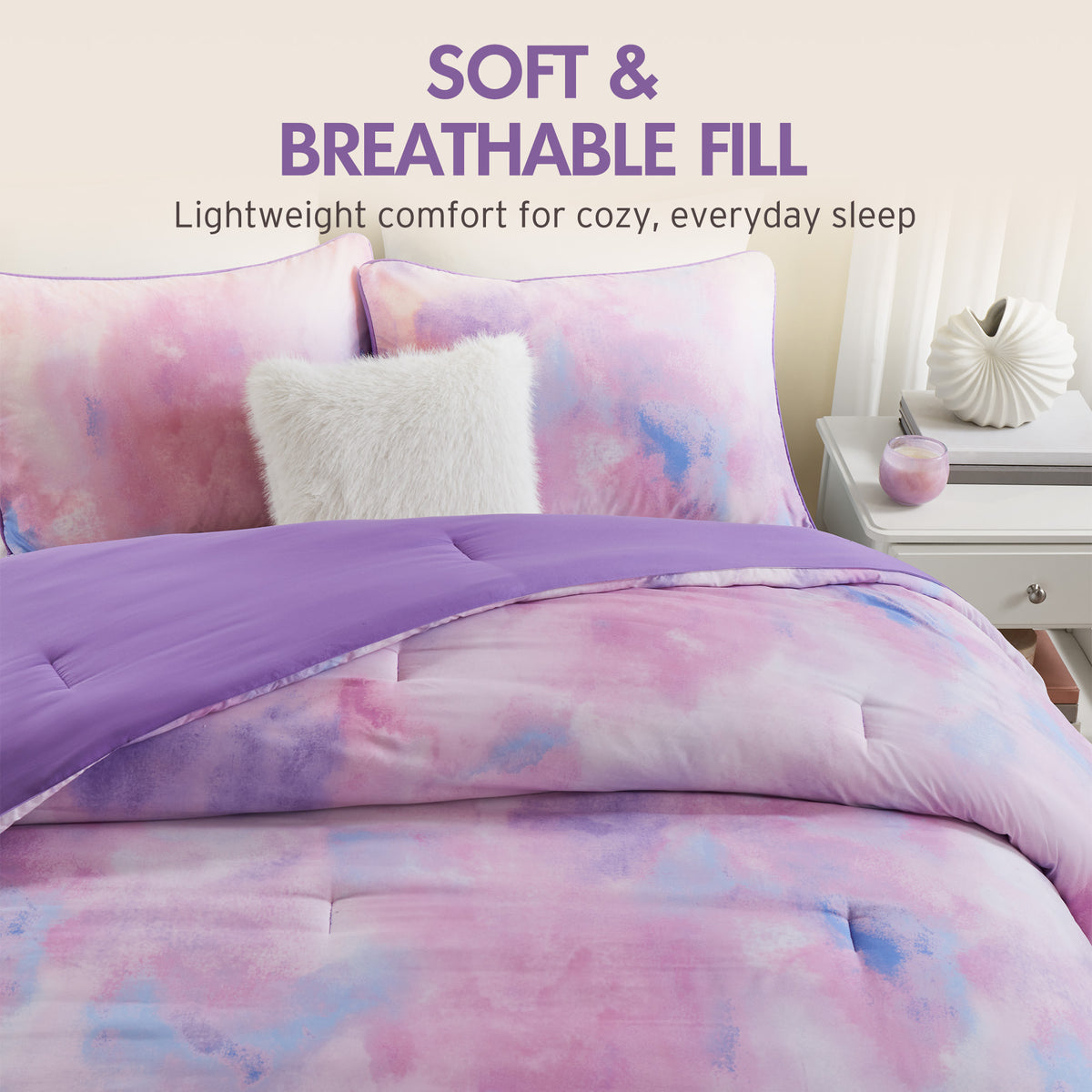 Cassiopeia Watercolor Tie Dye Printed Comforter Set with Throw Pillow - Purple