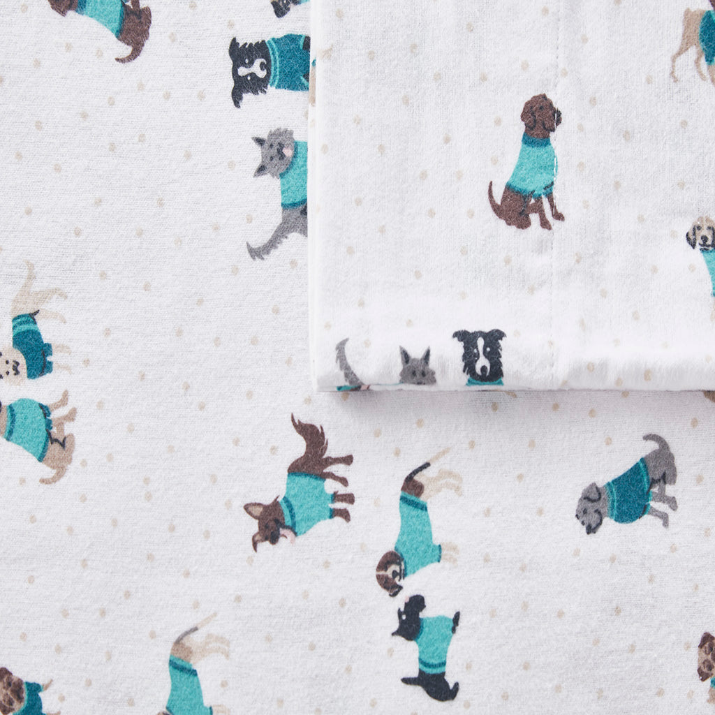Cozy Soft Cotton Flannel Printed Sheet Set - Teal Dogs