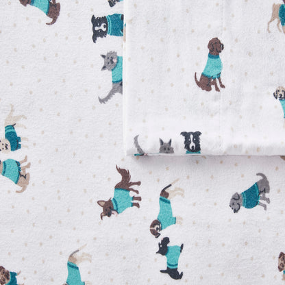Cozy Soft Cotton Flannel Printed Sheet Set - Teal Dogs