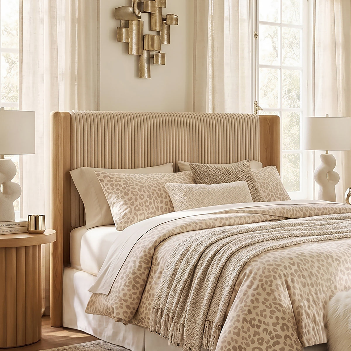 Solene Channel-Tufted Full/Queen Upholstered Wood Headboard - Beige/Natural