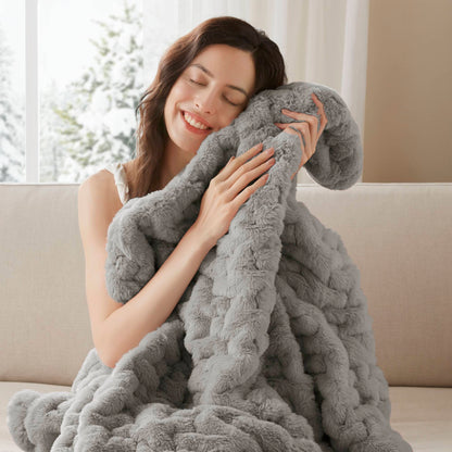 Ruched Fur Throw - Grey