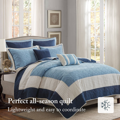 Attingham 7 Piece Quilt Set with Euro Shams and Throw Pillows - Blue/Navy